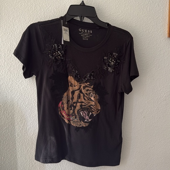 GUESS Embellished Mesh-Trim T-Shirt Jet Black - Picture 2 of 4